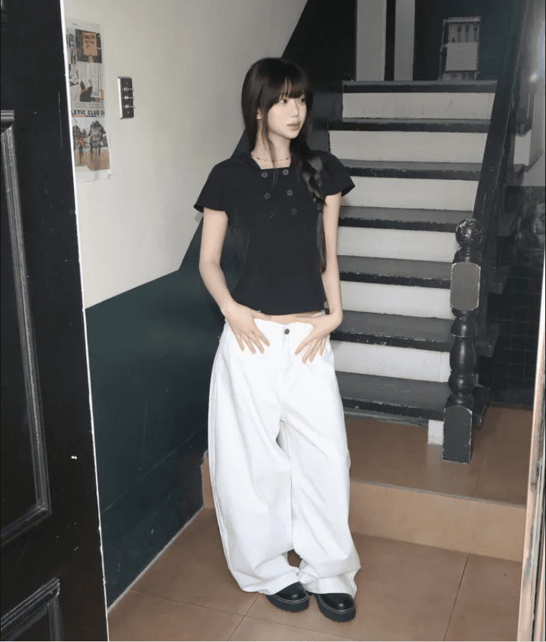 뒤로 스트랩 십자가 루즈핏 데님 긴 바지 상세 이미지 7