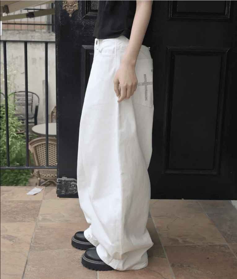 뒤로 스트랩 십자가 루즈핏 데님 긴 바지 상세 이미지 9