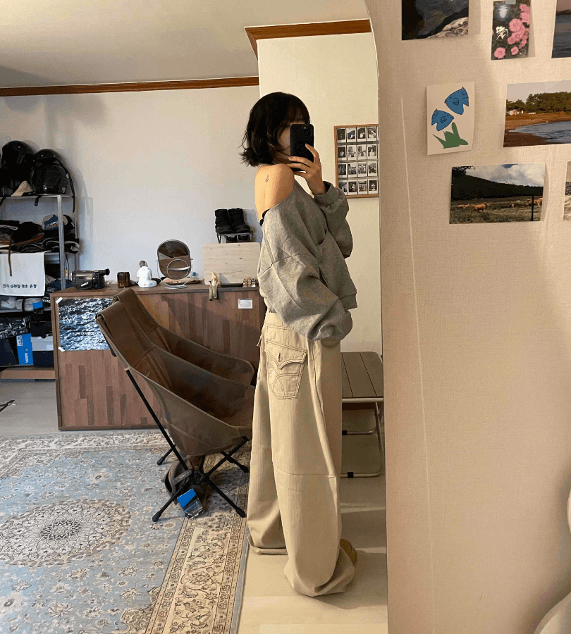 지금 레트로 캐주얼 다용도 루즈핏 넓은 다리 워크웨어 팬츠 이미지 3