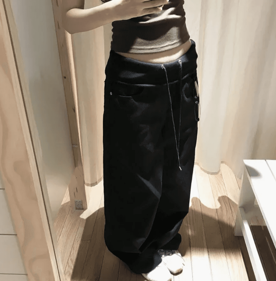 허리 머리 패치워크 끈 루즈핏 넓은 다리 데님 긴 바지 이미지 2
