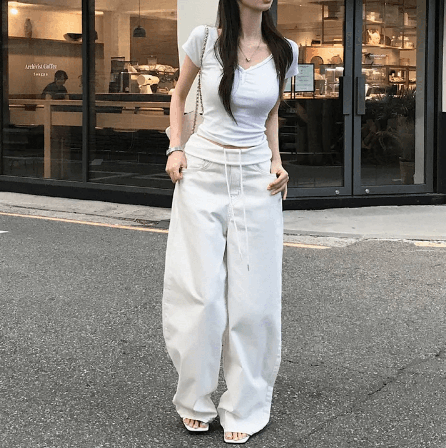 허리 머리 패치워크 끈 루즈핏 넓은 다리 데님 긴 바지 상세 이미지 8