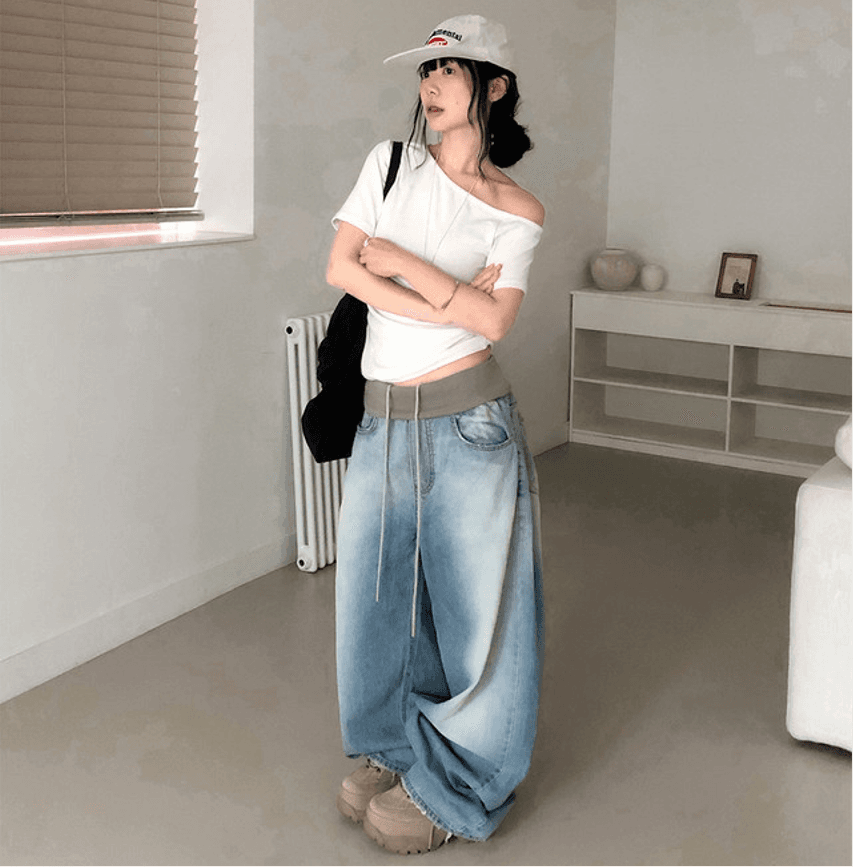 패치워크 패치워크 색상 허리 머리 밴딩 넓은 다리 데님 긴 바지 이미지 4