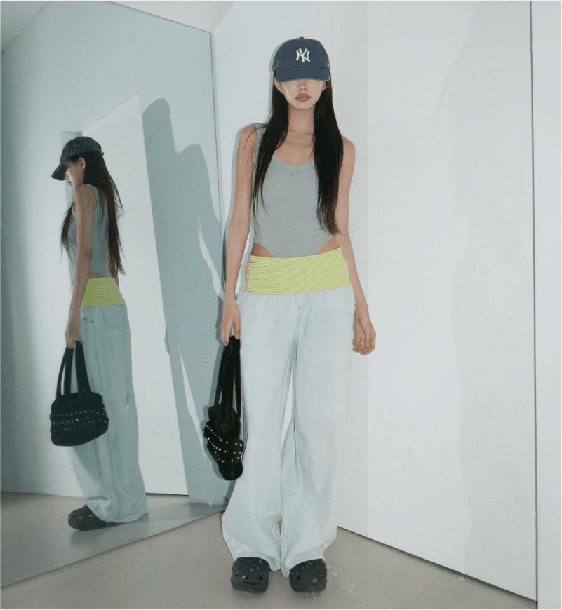 레몬 스트라이프 폴딩 리브 와이드 에디션 데님 긴 바지 이미지 4