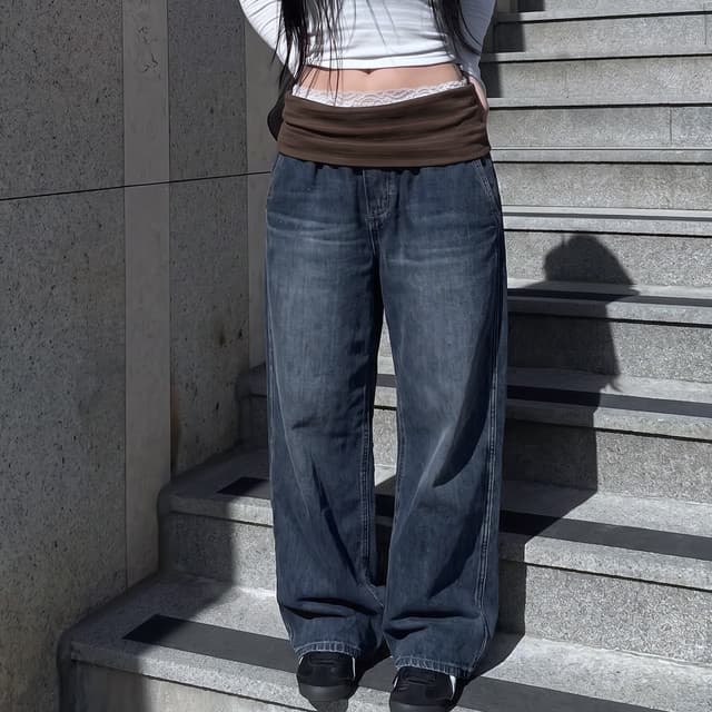 더블 스택 층 패치워크 데님 긴 바지
