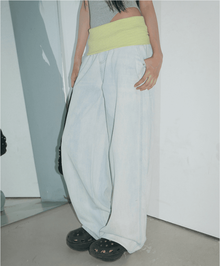 더블 스택 층 패치워크 데님 긴 바지 이미지 3