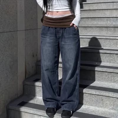 더블 스택 층 패치워크 데님 긴 바지 상세 이미지 1