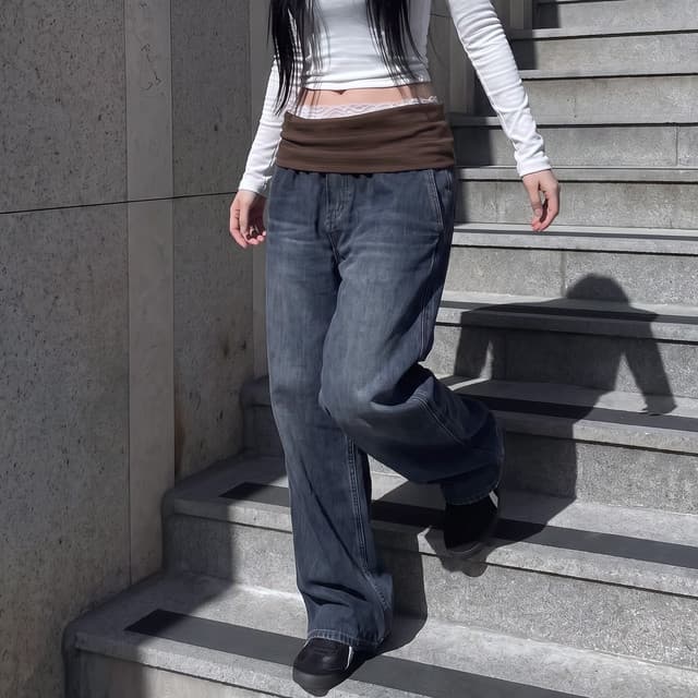 더블 스택 층 패치워크 데님 긴 바지 상세 이미지 3