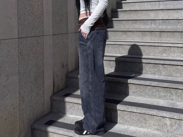 더블 스택 층 패치워크 데님 긴 바지 상세 이미지 5