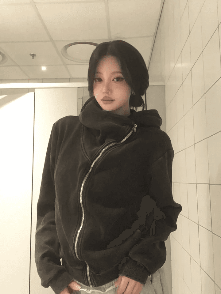지금 아메리칸 레트로 워싱 지퍼 후드티 마 오래된 루즈핏 후드 상세 이미지 2