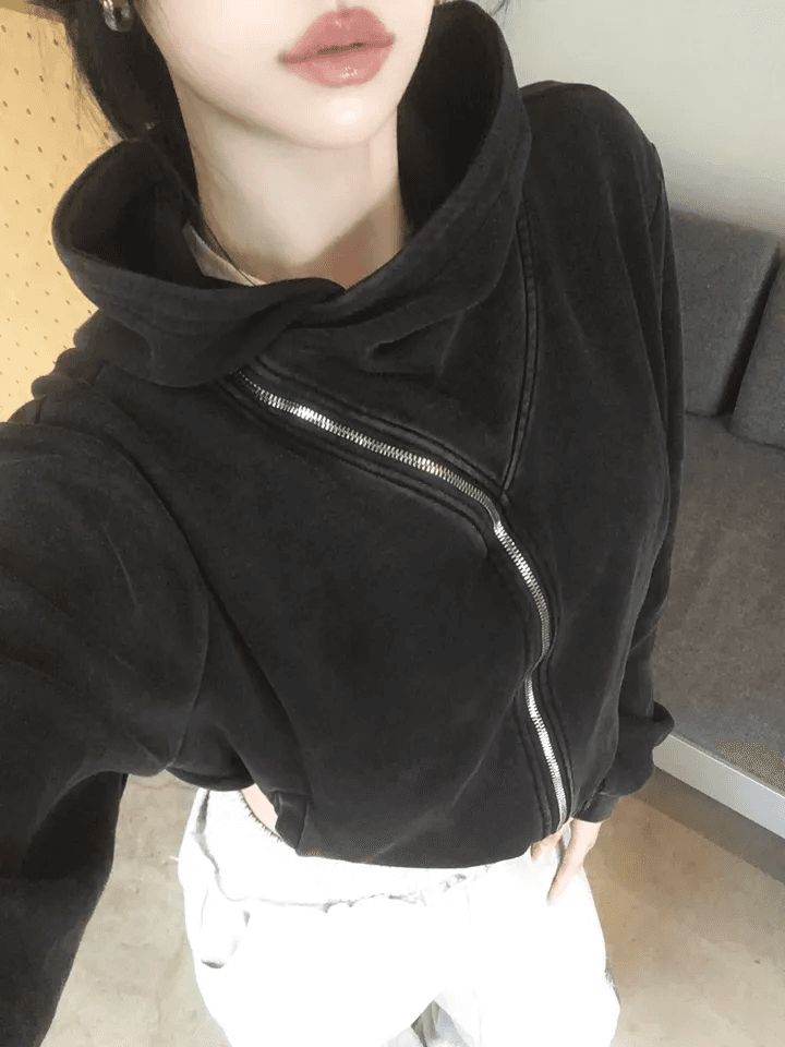 지금 아메리칸 레트로 워싱 지퍼 후드티 마 오래된 루즈핏 후드 상세 이미지 5