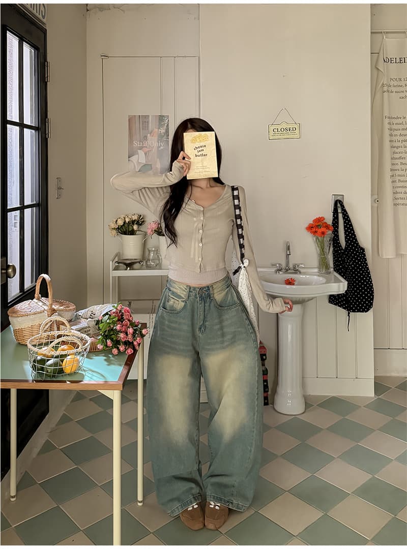 지금 느슨함 센스 파란색 체크무늬 주름 레트로 블루 캐주얼 데님 긴 바지 상세 이미지 6