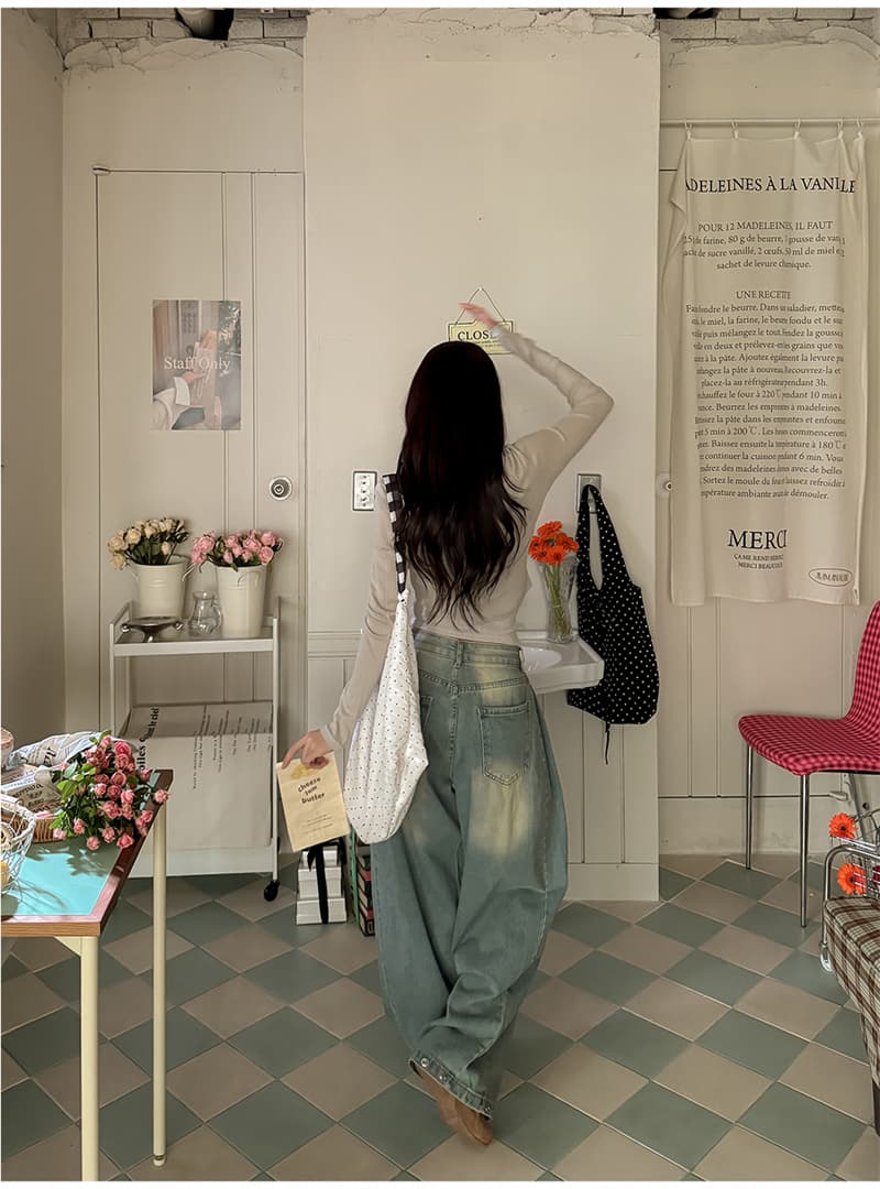 지금 느슨함 센스 파란색 체크무늬 주름 레트로 블루 캐주얼 데님 긴 바지 상세 이미지 7
