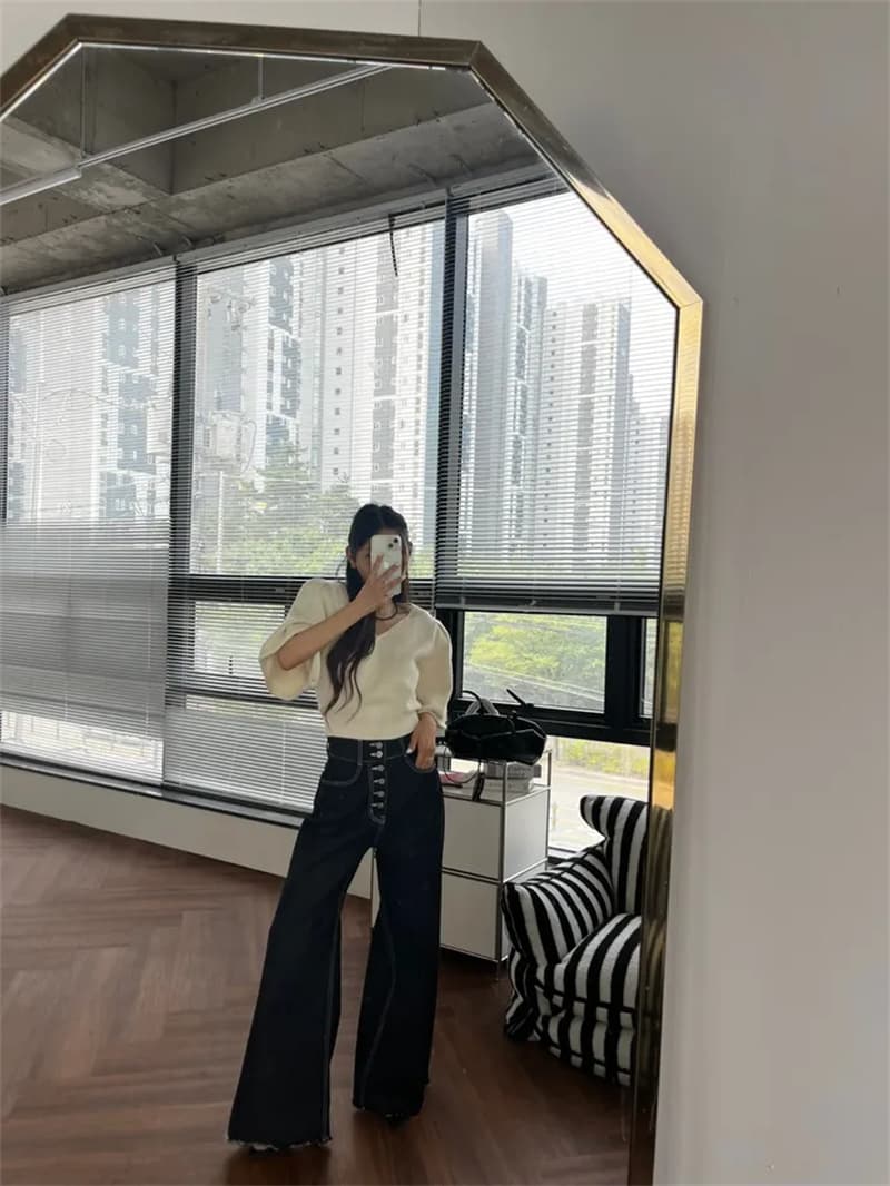 지금 레트로 다용도 워싱 싱글 줄 버튼 청바지 상세 이미지 32