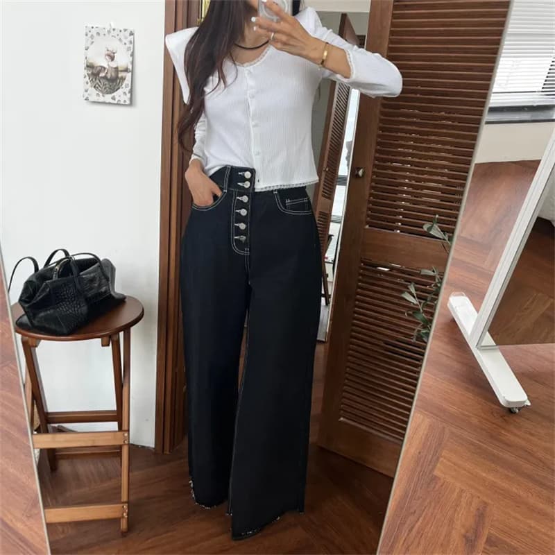 지금 레트로 다용도 워싱 싱글 줄 버튼 청바지 상세 이미지 33
