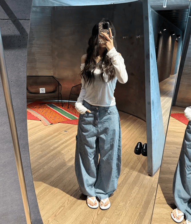 지금 블루 세로 줄무늬 측면 가방 디자인 다용도 개성 워크웨어 청바지 긴 바지 이미지 2