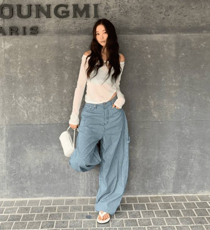 지금 블루 세로 줄무늬 측면 가방 디자인 다용도 개성 워크웨어 청바지 긴 바지 상세 이미지 1