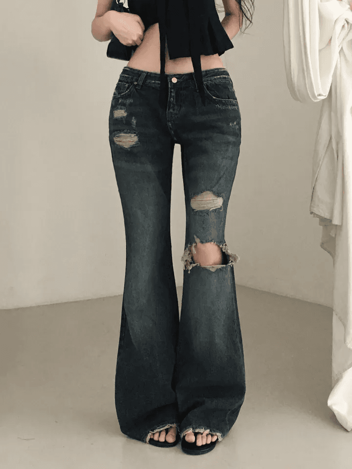 찢어진 부분 반란 부츠컷 몸매 가꾸기 슬림해 보이는 고양이 발톱 연삭 화이트 청바지 상세 이미지 1