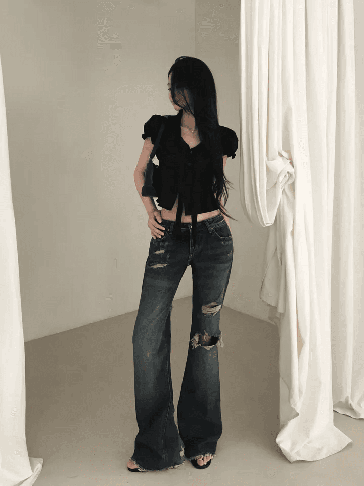 찢어진 부분 반란 부츠컷 몸매 가꾸기 슬림해 보이는 고양이 발톱 연삭 화이트 청바지 상세 이미지 7
