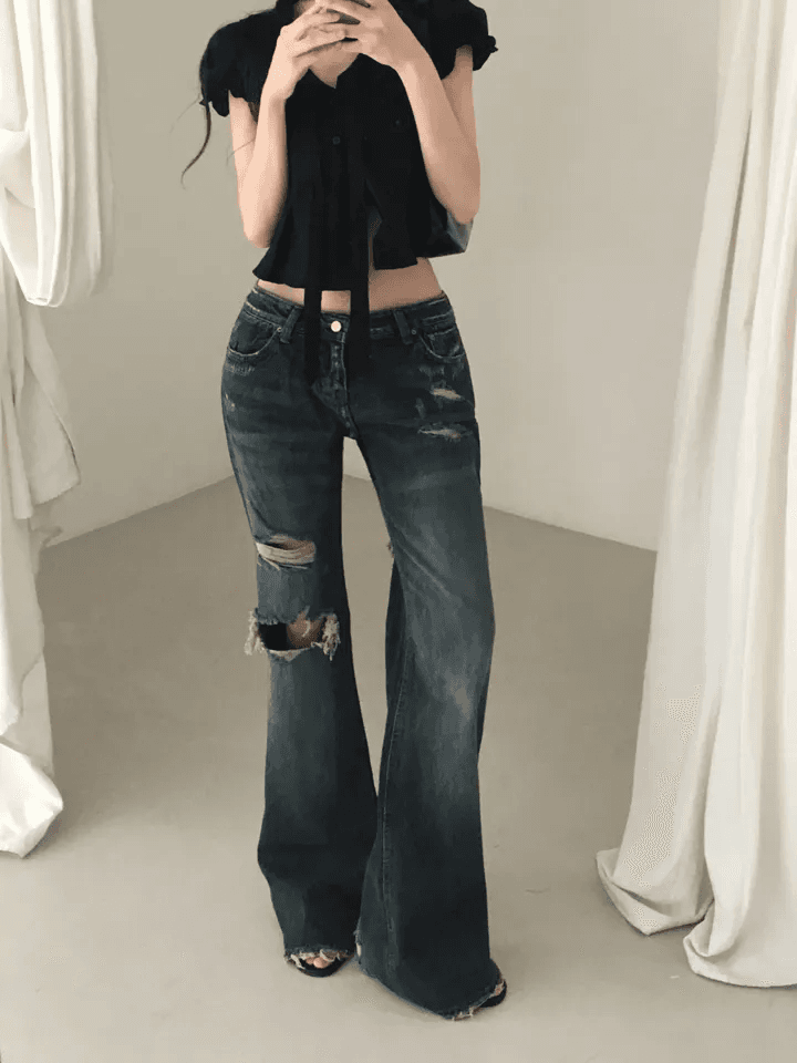 찢어진 부분 반란 부츠컷 몸매 가꾸기 슬림해 보이는 고양이 발톱 연삭 화이트 청바지 상세 이미지 13