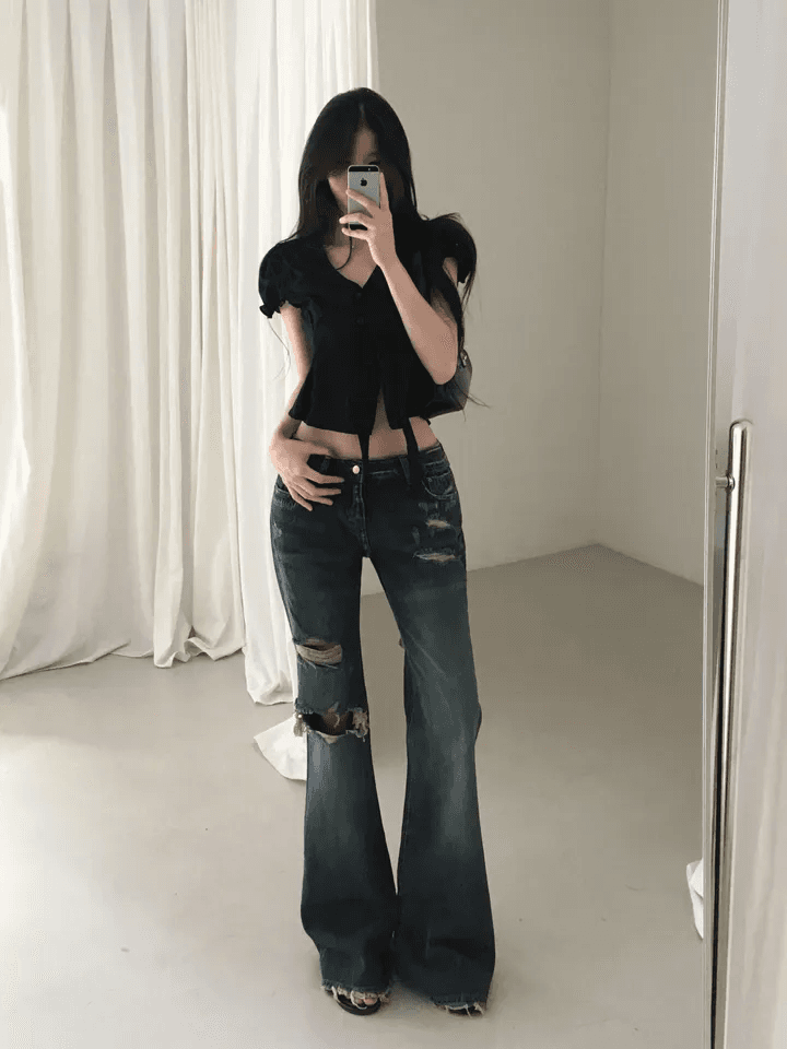 찢어진 부분 반란 부츠컷 몸매 가꾸기 슬림해 보이는 고양이 발톱 연삭 화이트 청바지 상세 이미지 15