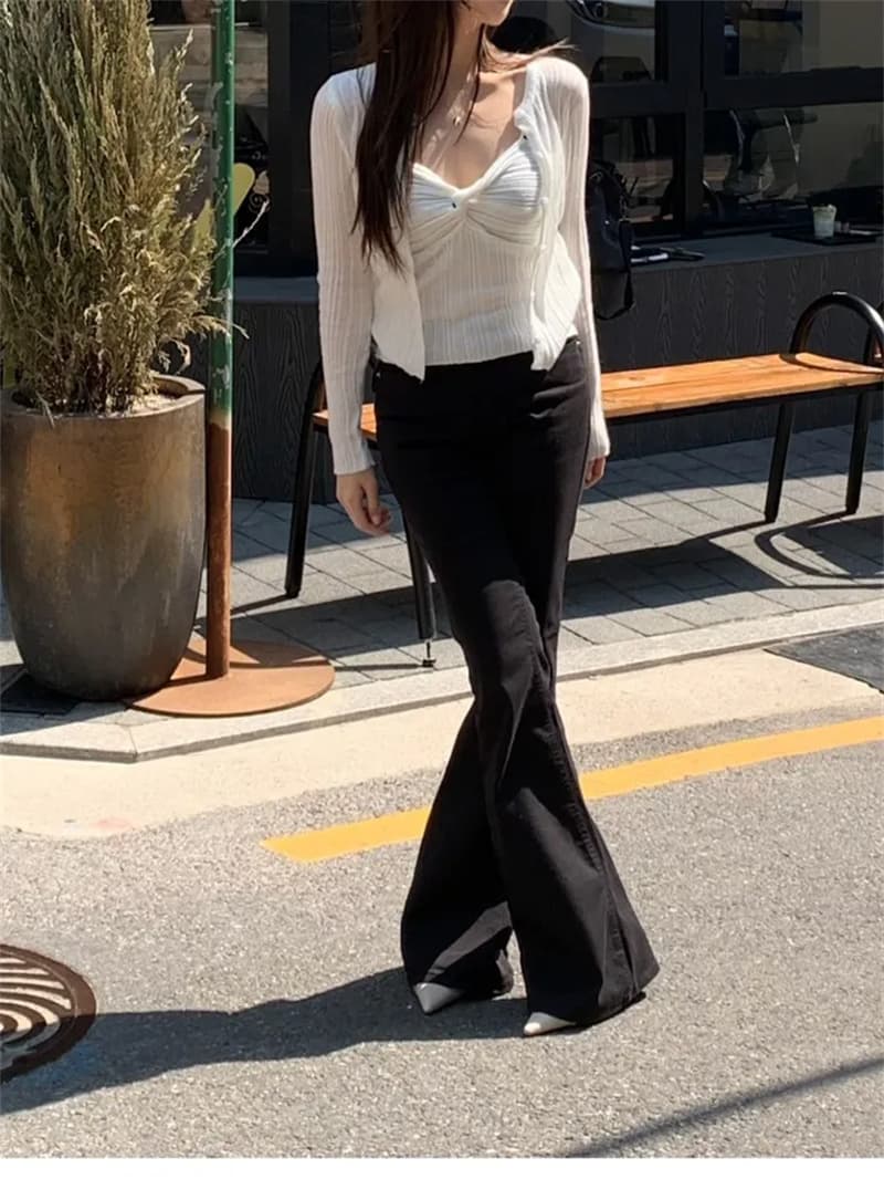 선적 중 몰딩 얇은 다리 검정색 색상 시스템 데님 부츠컷 하이웨이스트 긴 바지 상세 이미지 5