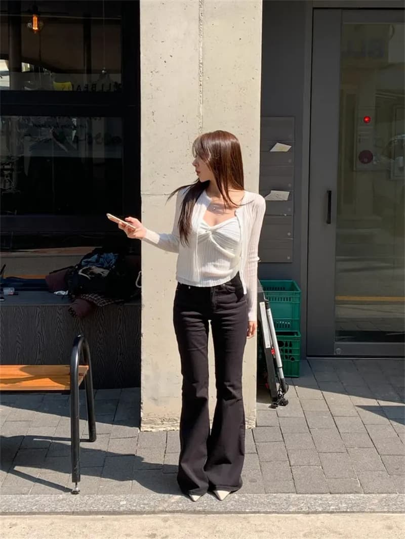 선적 중 몰딩 얇은 다리 검정색 색상 시스템 데님 부츠컷 하이웨이스트 긴 바지 상세 이미지 6