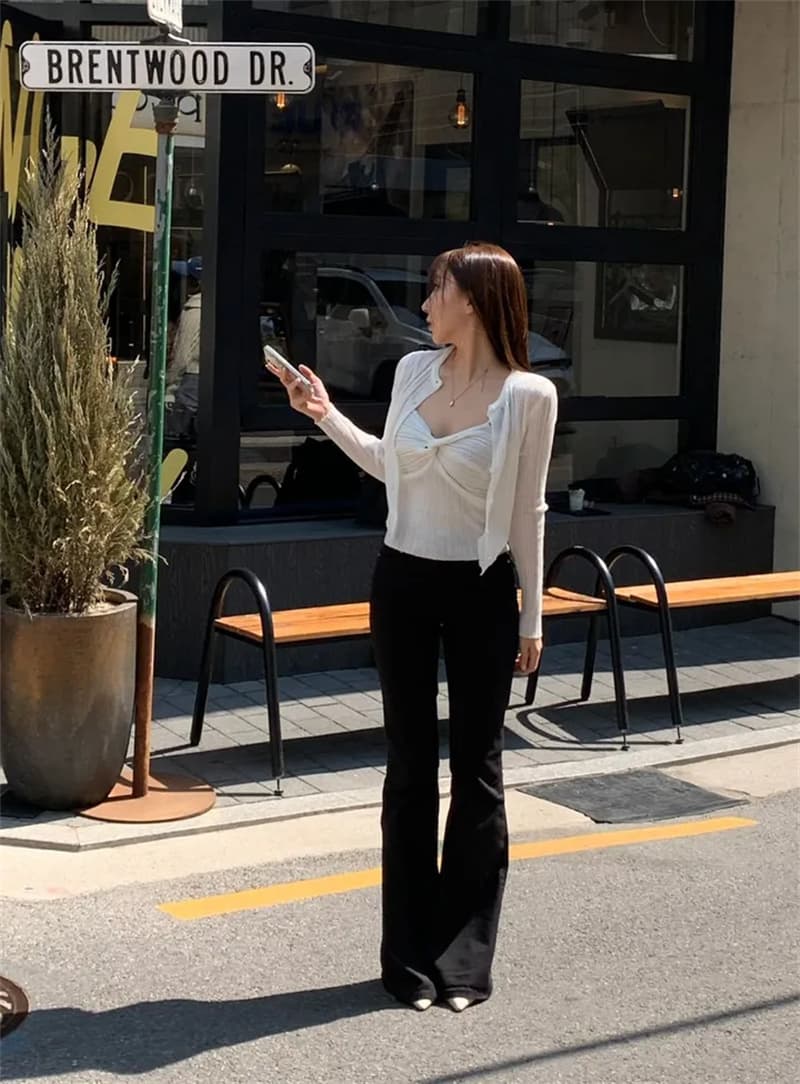 선적 중 몰딩 얇은 다리 검정색 색상 시스템 데님 부츠컷 하이웨이스트 긴 바지 상세 이미지 9