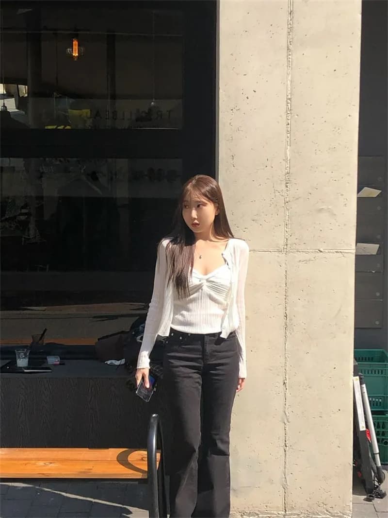 선적 중 몰딩 얇은 다리 검정색 색상 시스템 데님 부츠컷 하이웨이스트 긴 바지 상세 이미지 10