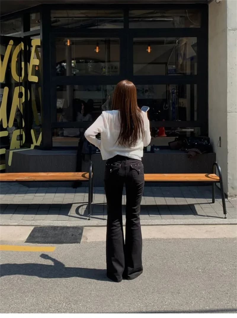 선적 중 몰딩 얇은 다리 검정색 색상 시스템 데님 부츠컷 하이웨이스트 긴 바지 상세 이미지 11