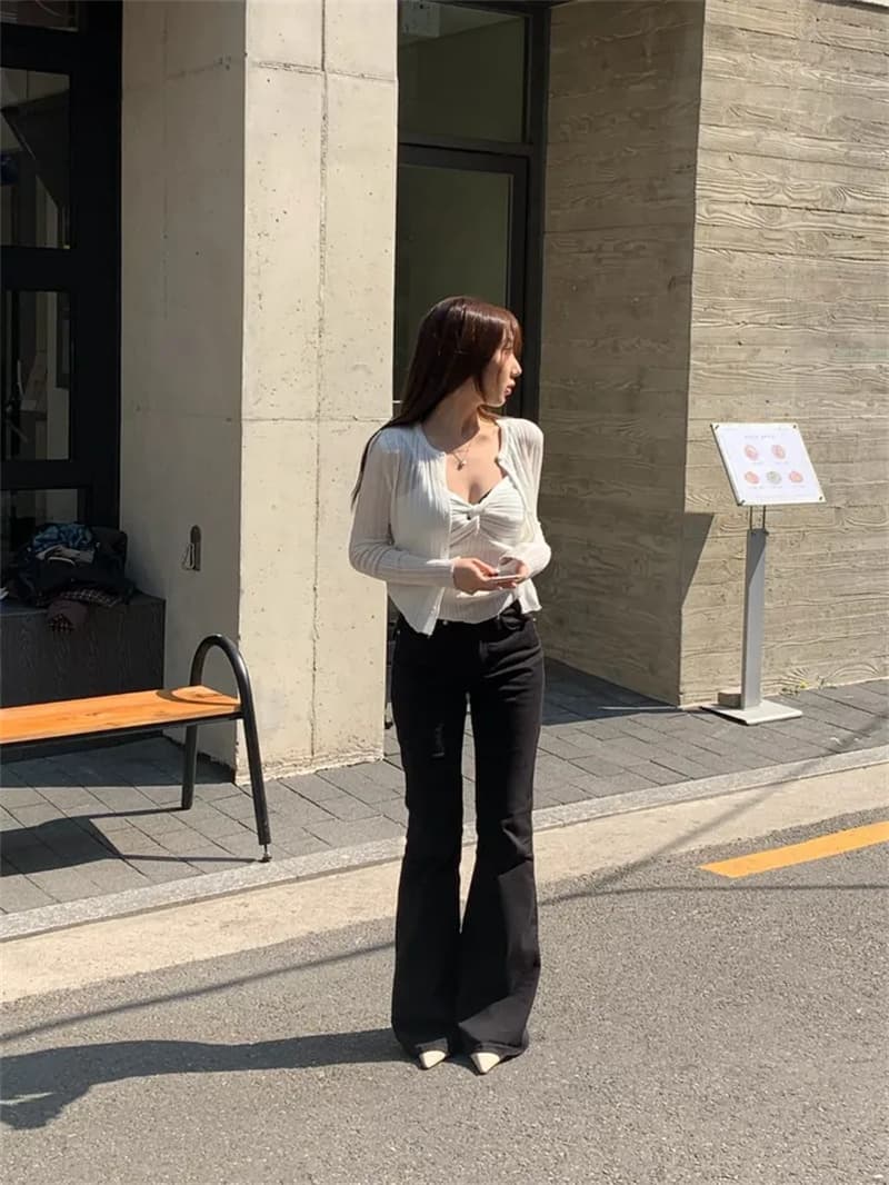 선적 중 몰딩 얇은 다리 검정색 색상 시스템 데님 부츠컷 하이웨이스트 긴 바지 상세 이미지 15
