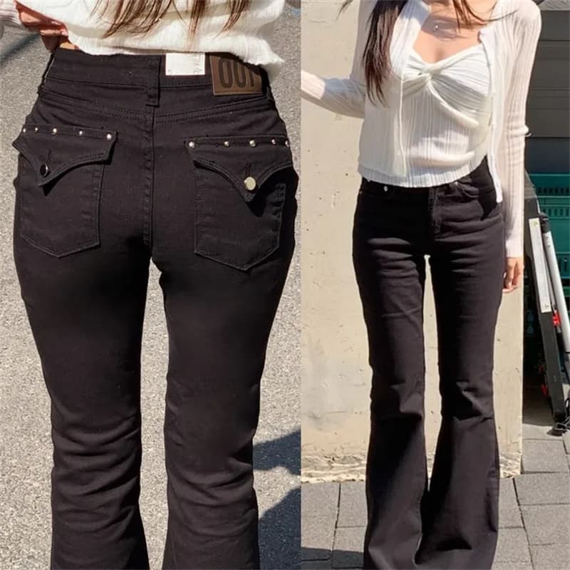 선적 중 몰딩 얇은 다리 검정색 색상 시스템 데님 부츠컷 하이웨이스트 긴 바지 상세 이미지 18