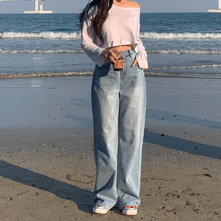 지금 하트 그림 언론 하이웨이스트 미니멀리즘 루즈핏 종류 청바지 상세 이미지 6