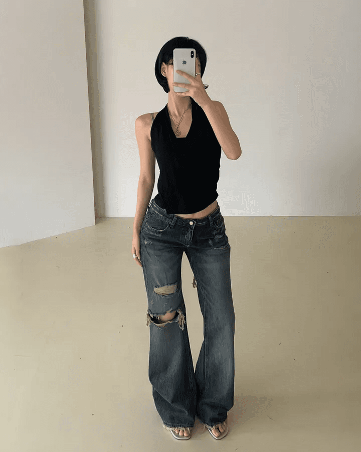 선적 중 높음 거리 바람 전후 찢어진 부분 넓은 다리 루즈핏 슬림해 보이는 데님 긴 바지 이미지 3