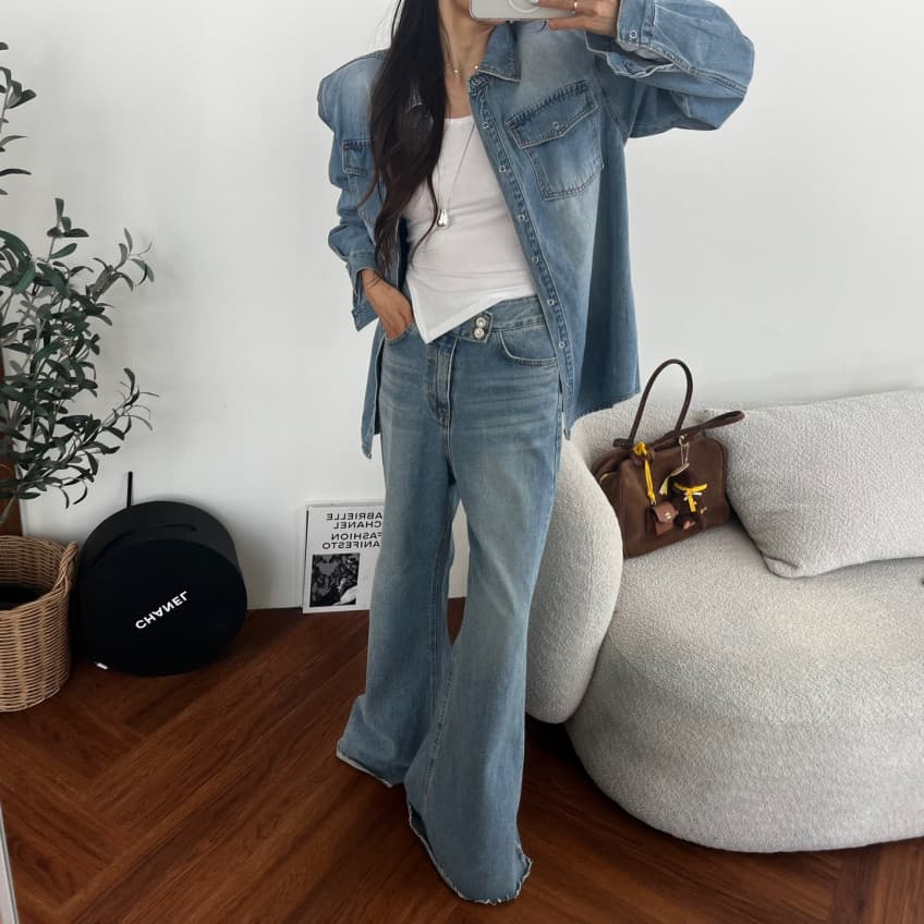 하이웨이스트 지퍼 부서 버클 워싱 마 오래된 나팔 데님 긴 바지 상세 이미지 43