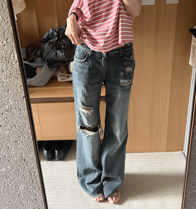 지금 보존 그리기 찢어진 부분 색상 레트로 청바지 디스플레이 다리 길이