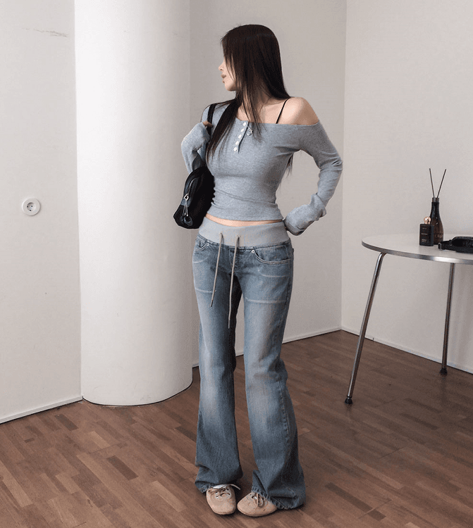 지금 리브 허리 머리 디스플레이 몸 연삭 화이트 부츠컷 청바지 여성 이미지 2