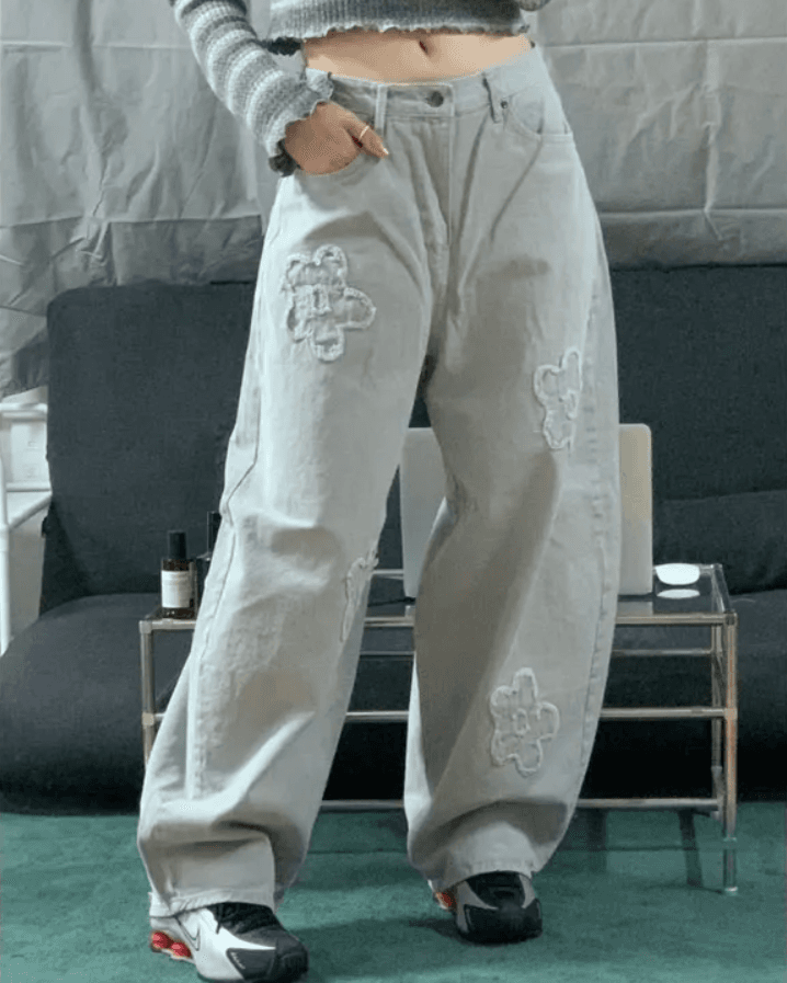 지금 거친 가장자리 꽃 레트로 워싱 자수 프로필 모양 청바지 긴 바지 이미지 2
