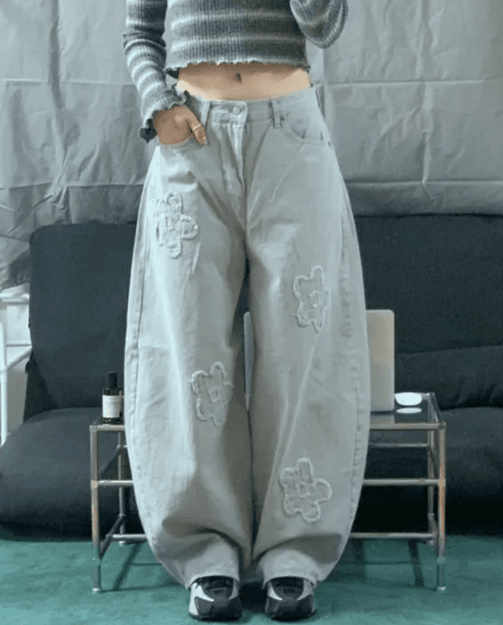 지금 거친 가장자리 꽃 레트로 워싱 자수 프로필 모양 청바지 긴 바지 상세 이미지 1