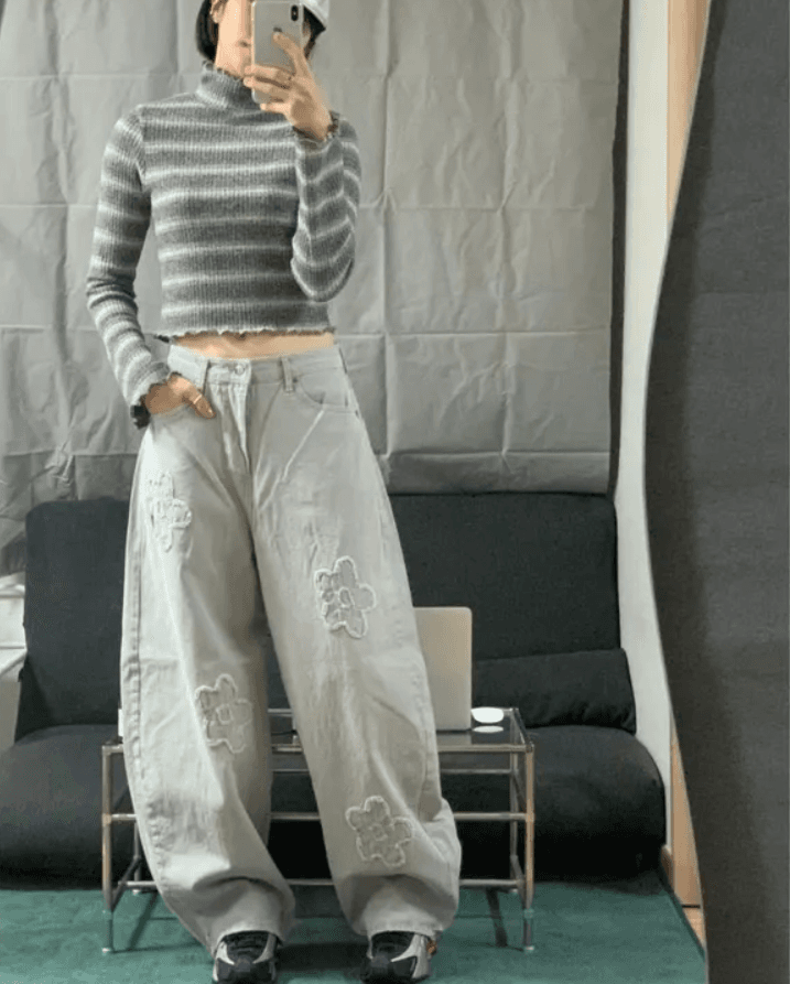 지금 거친 가장자리 꽃 레트로 워싱 자수 프로필 모양 청바지 긴 바지 상세 이미지 2