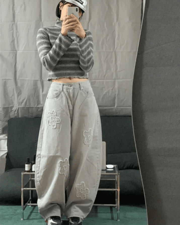 지금 거친 가장자리 꽃 레트로 워싱 자수 프로필 모양 청바지 긴 바지 상세 이미지 3