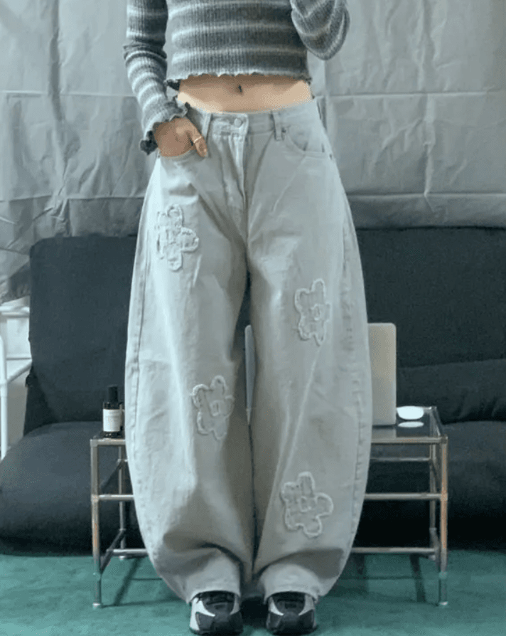 지금 거친 가장자리 꽃 레트로 워싱 자수 프로필 모양 청바지 긴 바지 상세 이미지 6