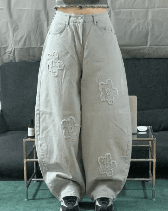 지금 거친 가장자리 꽃 레트로 워싱 자수 프로필 모양 청바지 긴 바지 상세 이미지 7
