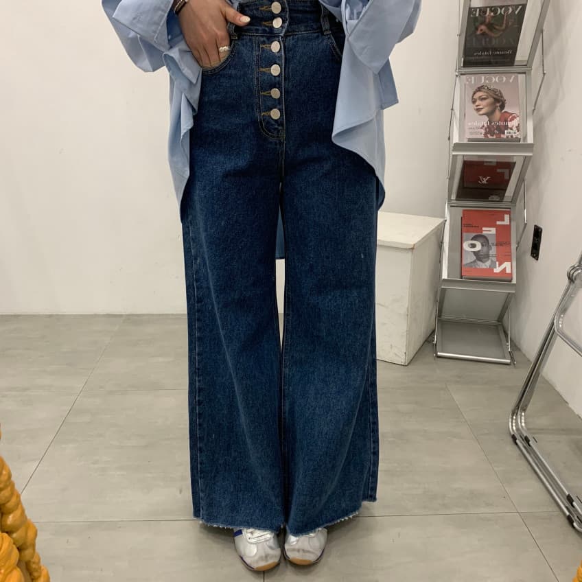 지금 기타 버클 진한 파란색 워싱 부츠컷 청바지 이미지 2
