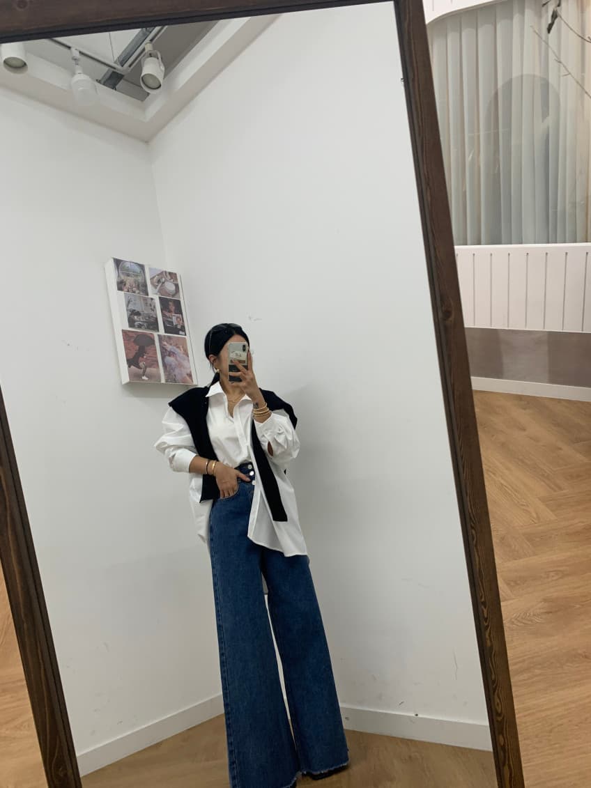 지금 기타 버클 진한 파란색 워싱 부츠컷 청바지 상세 이미지 20