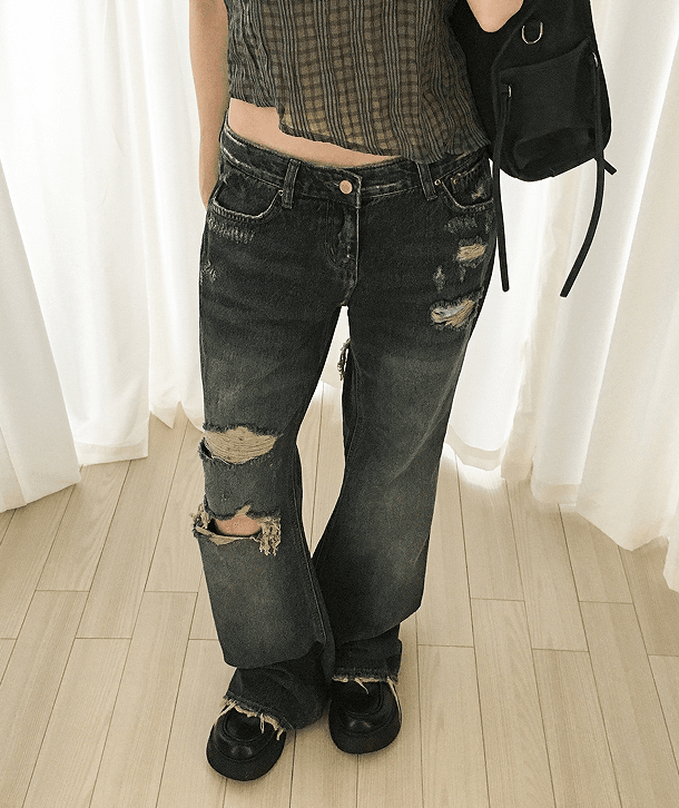 지금 보존 그리기 찢어진 부분 색상 레트로 청바지 디스플레이 다리 길이