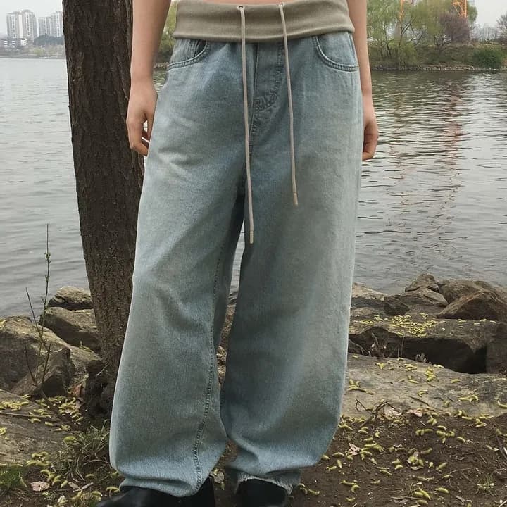 지금 허리 패치워크 뒤집다 접기 워싱 프로필 모양 좋은 핏 스타일 청바지 이미지 2