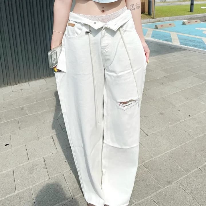 둘 색상 지금 하이웨이스트 워싱 끈 막대기 표준 찢어진 부분 데님 넓은 다리 길이 바지
