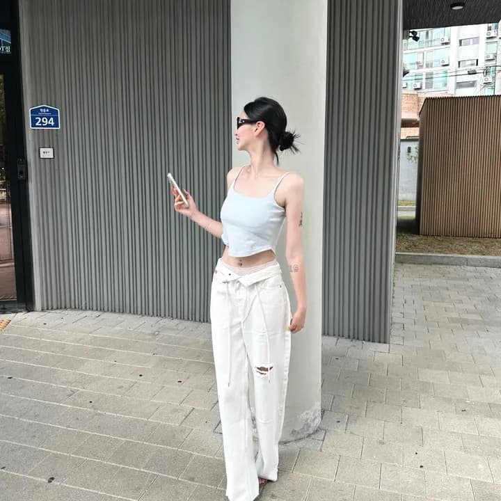 둘 색상 지금 하이웨이스트 워싱 끈 막대기 표준 찢어진 부분 데님 넓은 다리 길이 바지 상세 이미지 5