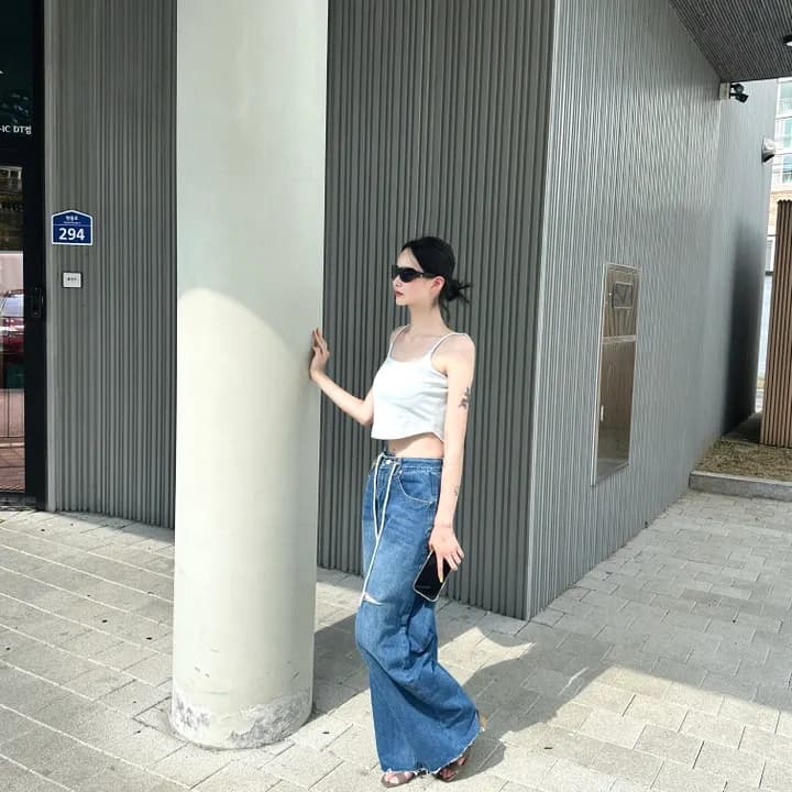 둘 색상 지금 하이웨이스트 워싱 끈 막대기 표준 찢어진 부분 데님 넓은 다리 길이 바지 상세 이미지 10