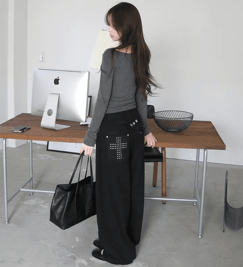 지금 단색 징 십자가 루즈핏 모통이 칼 캐주얼 바지 이미지 2